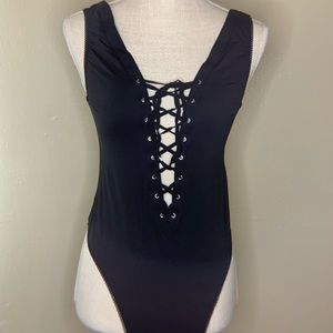 Sexy Black Lace-Up Bodysuit Lingerie One Size